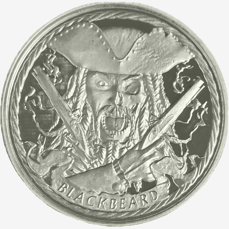 1oz BLACKBEARD Silver Round from OZ Mint featuring a detailed pirate design with crossed pistols and a fierce expression. A must-have for collectors and investors.