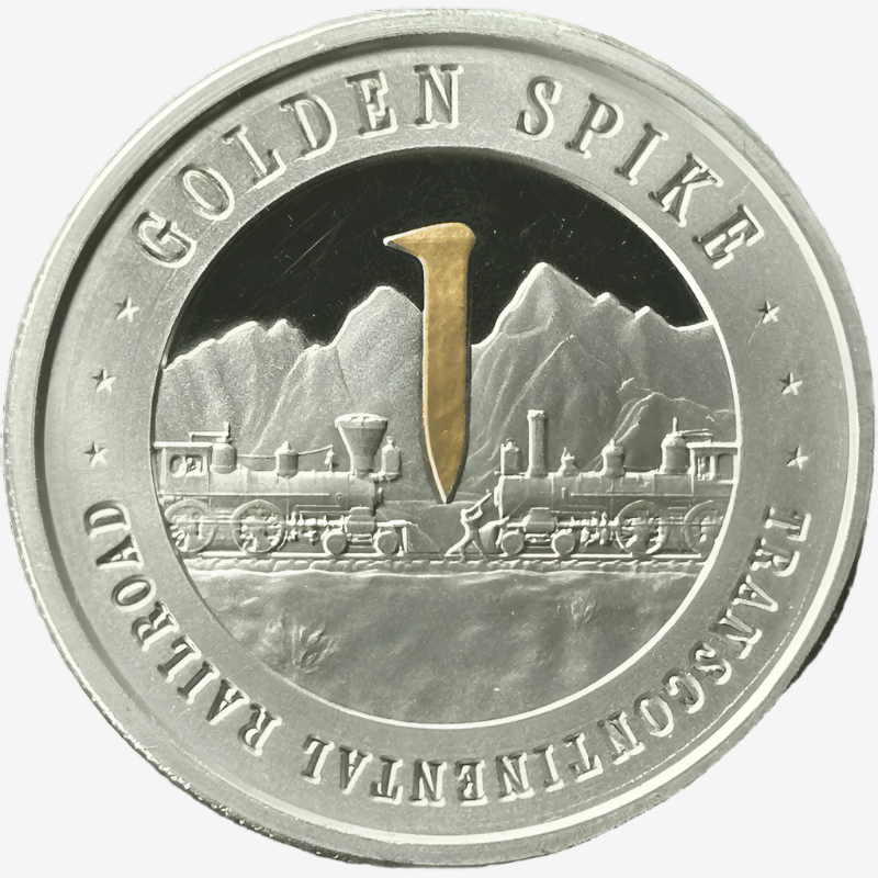 1oz Silver Golden Spike Round commemorating the transcontinental railroad, featuring a gold-plated spike and historic train engraving in .999 fine silver.